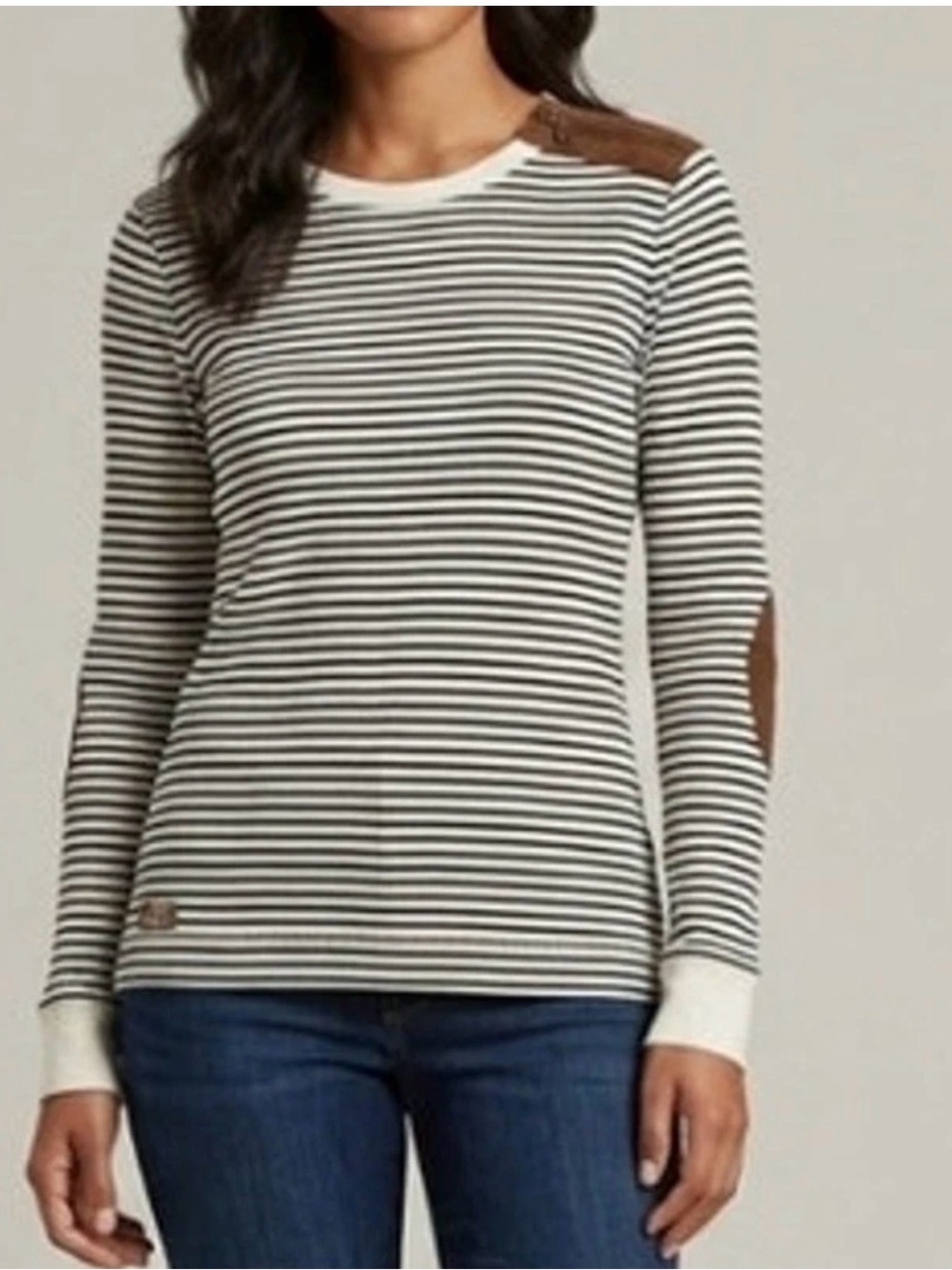 Ralph Lauren Striped Long-Sleeve Top with Contrast Elbow Patch - Cream & Brown